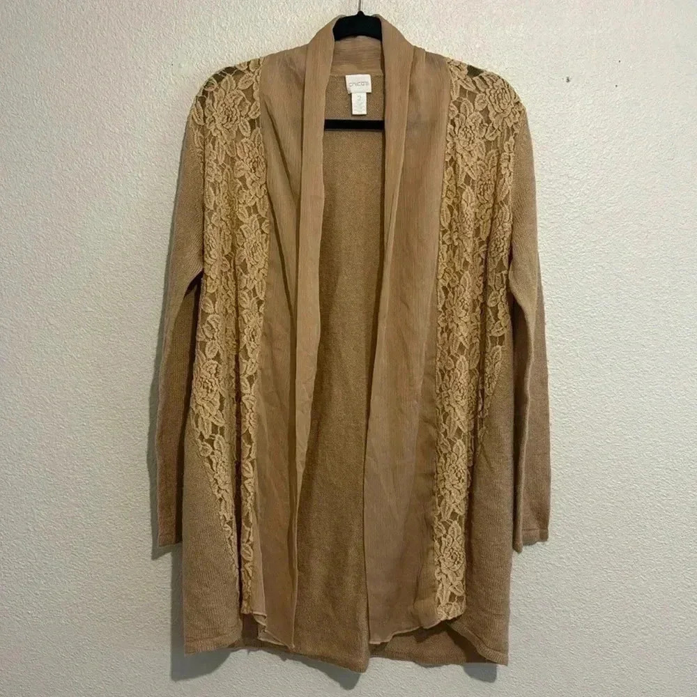 Chico’s Knit Sweater Open Front Lace Shimmer Tan Gold Mohair Wool